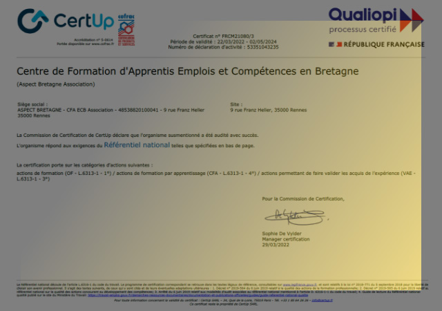 Certification QUALIOPI du CFA ECB